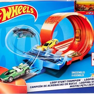 Hot Wheels Loop Stunt Champion with Dual Loop, Dual Launch Trackset, Spring Ramp 1 Car for Kids