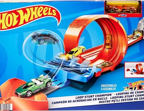 Hot Wheels Loop Stunt Champion with Dual Loop, Dual Launch Trackset, Spring Ramp 1 Car for Kids